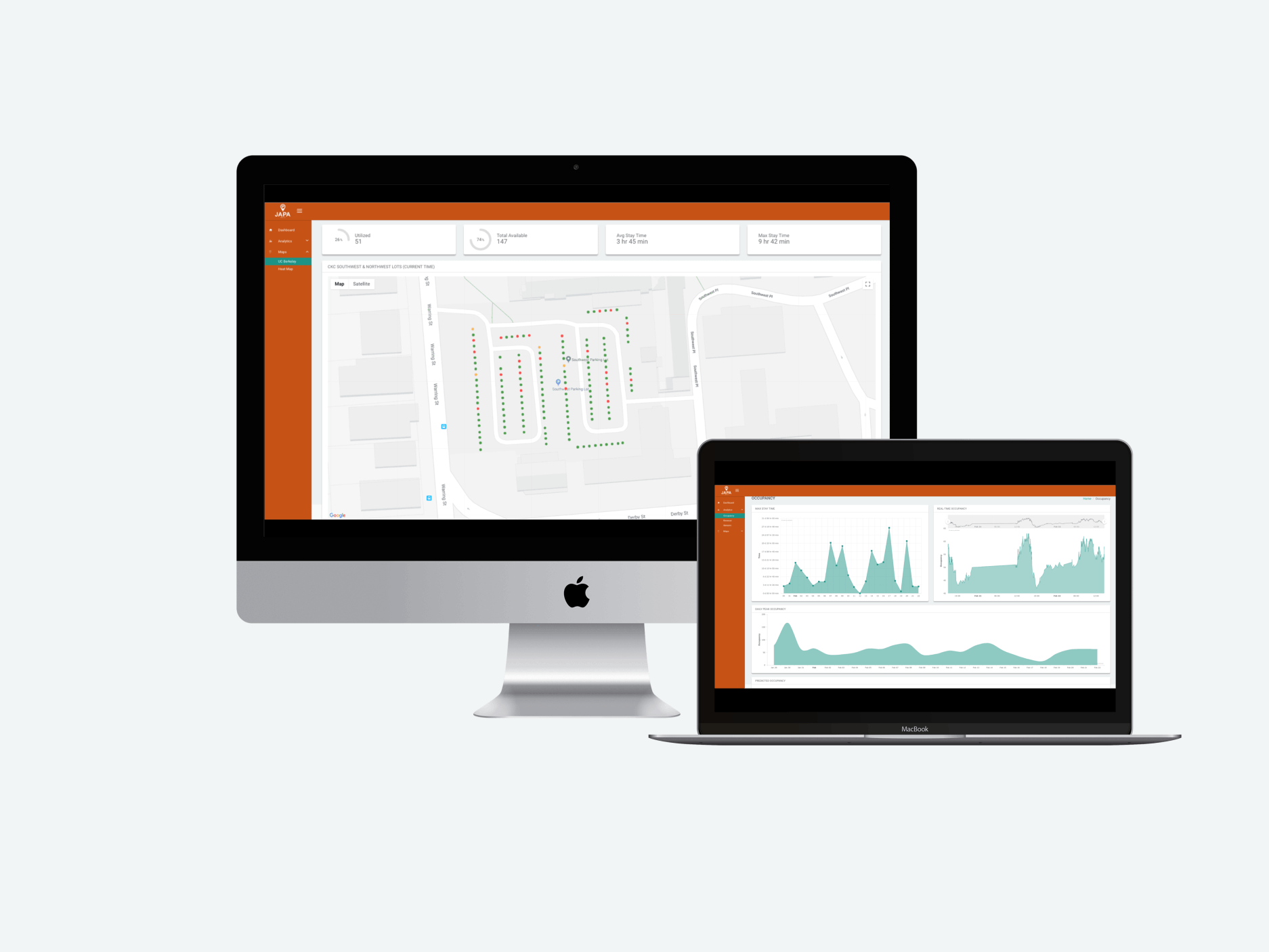 The JAPA Console on desktop showing a live occupancy map with per-space sensors, alongside occupancy analytics charts on a laptop